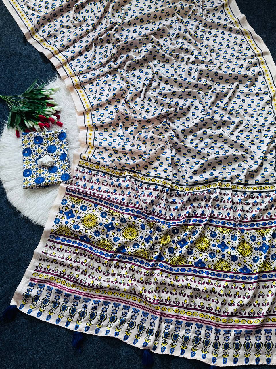 Premium Ajrakh Print Saree with Real Mirror Work