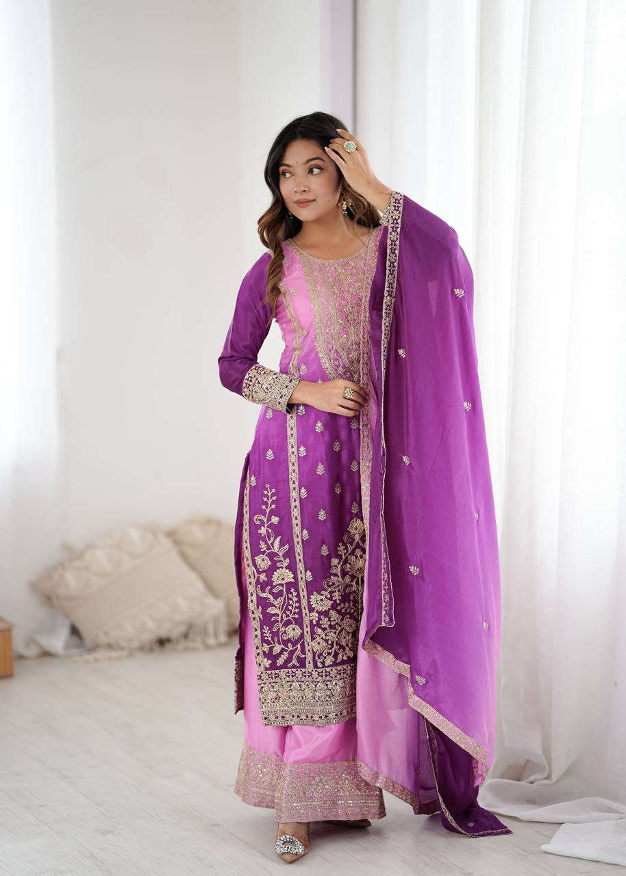 Women’s Shaded Chinon Silk Kurti Palazzo Set with Cording Dori & Sequence Embroidery SurMira Fashion