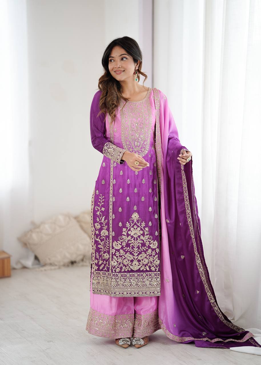 Women’s Shaded Chinon Silk Kurti Palazzo Set with Cording Dori & Sequence Embroidery SurMira Fashion
