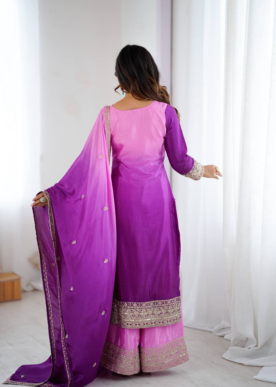 Women’s Shaded Chinon Silk Kurti Palazzo Set with Cording Dori & Sequence Embroidery SurMira Fashion