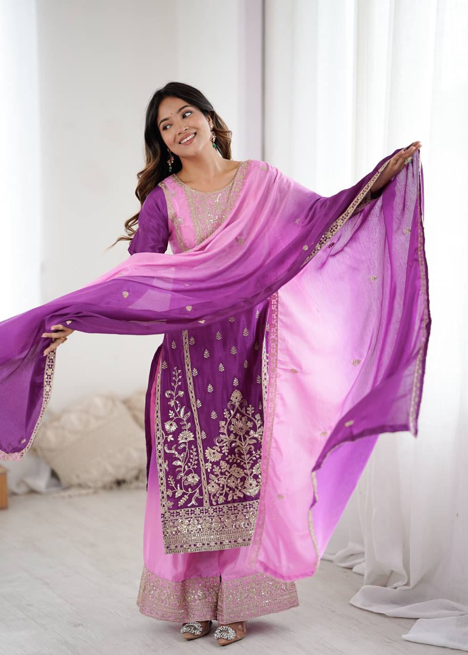 Women’s Shaded Chinon Silk Kurti Palazzo Set with Cording Dori & Sequence Embroidery SurMira Fashion