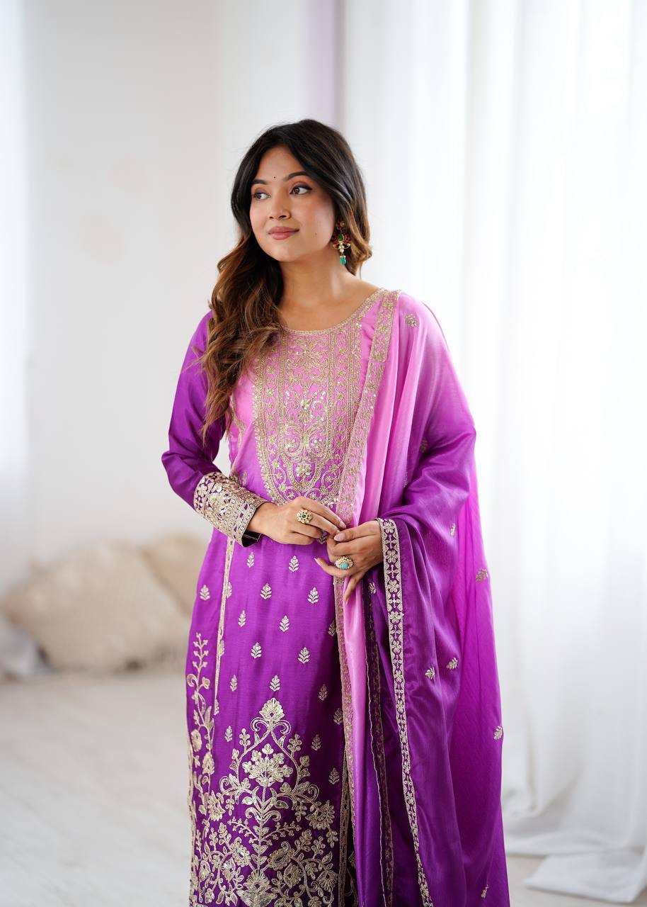 Women’s Shaded Chinon Silk Kurti Palazzo Set with Cording Dori & Sequence Embroidery SurMira Fashion