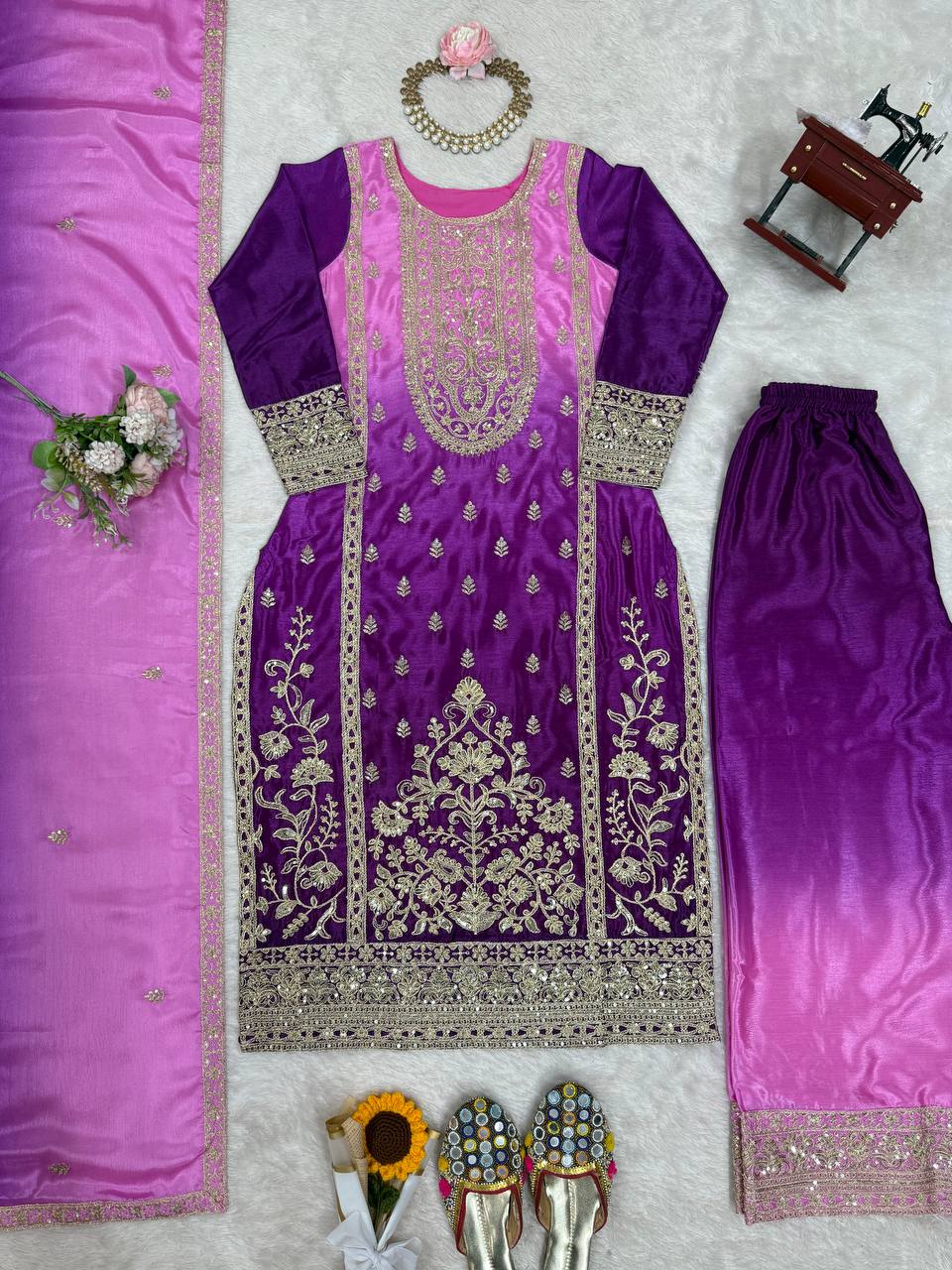 Women’s Shaded Chinon Silk Kurti Palazzo Set with Cording Dori & Sequence Embroidery SurMira Fashion