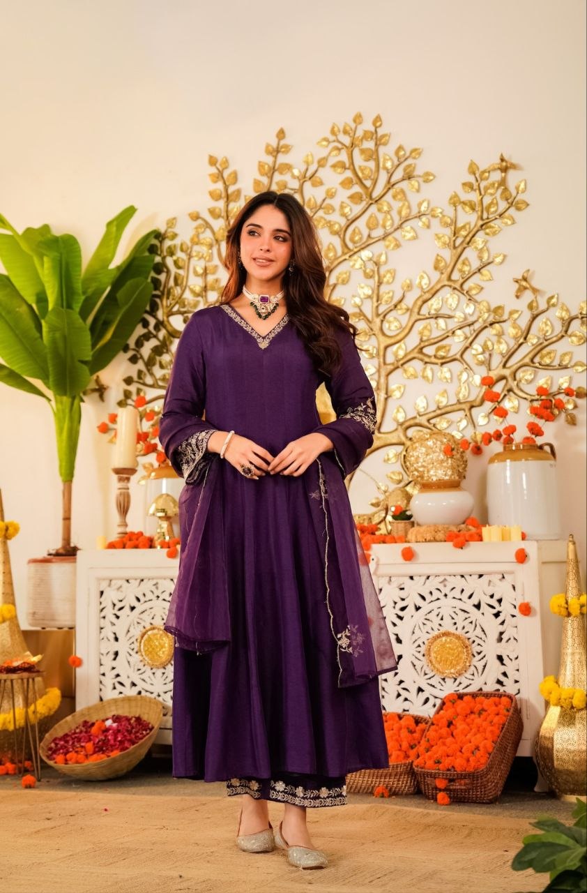 Premium Chanderi Silk Embroidered Suit Set for Women