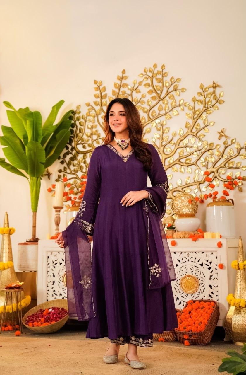 Premium Chanderi Silk Embroidered Suit Set for Women