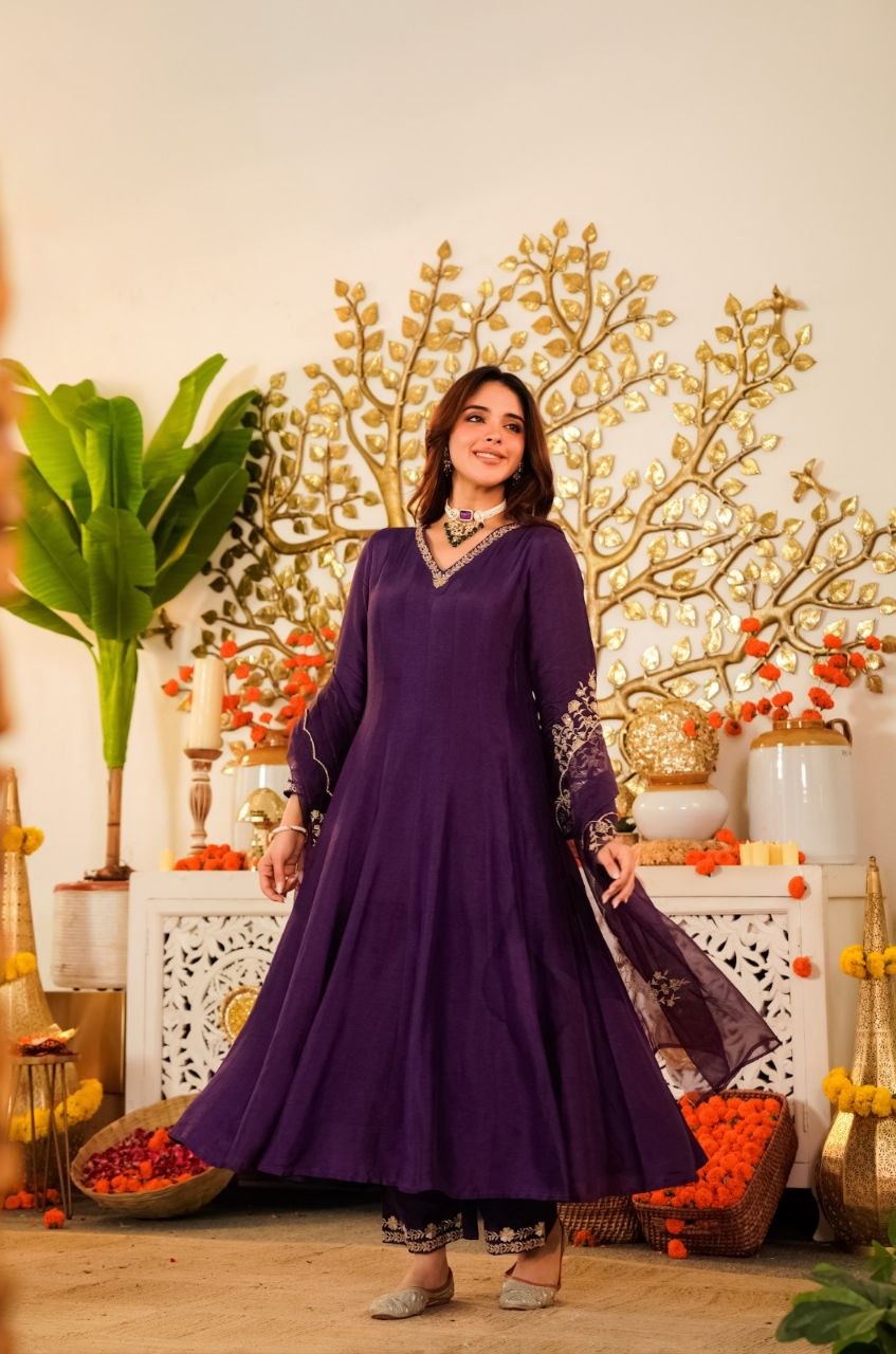 Premium Chanderi Silk Embroidered Suit Set for Women