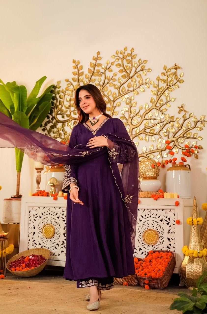 Premium Chanderi Silk Embroidered Suit Set for Women