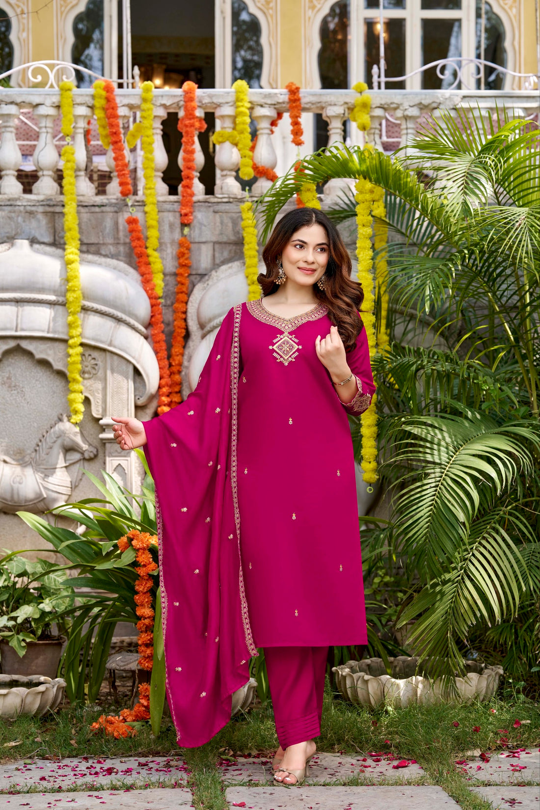 Women’s Pure Viscose Chanderi Embroidered Kurti Pant Set with Premium Chanderi Dupatta