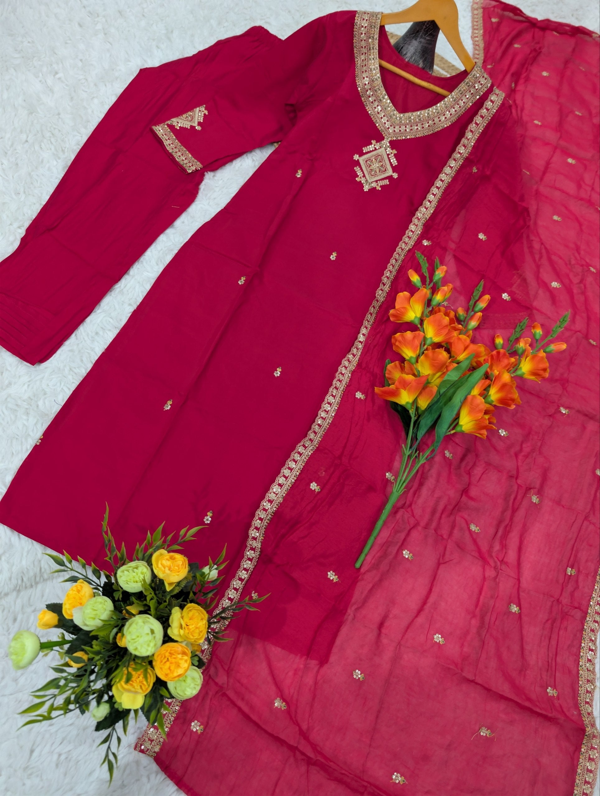 Women’s Pure Viscose Chanderi Embroidered Kurti Pant Set with Premium Chanderi Dupatta