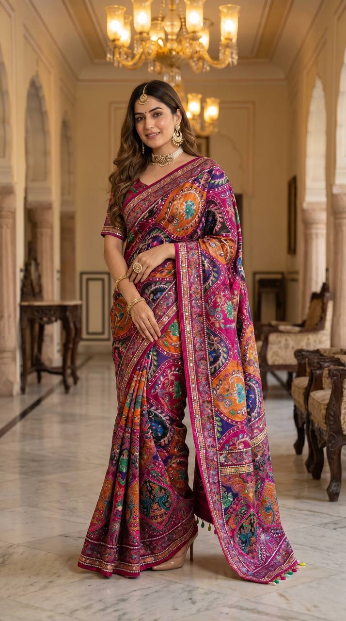 Women’s Modal Ultra Silk Crepe Saree with Real Mirror Work & Printed Blouse