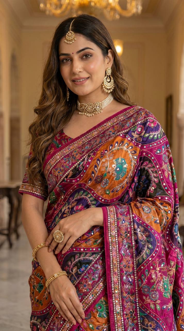 Women’s Modal Ultra Silk Crepe Saree with Real Mirror Work & Printed Blouse