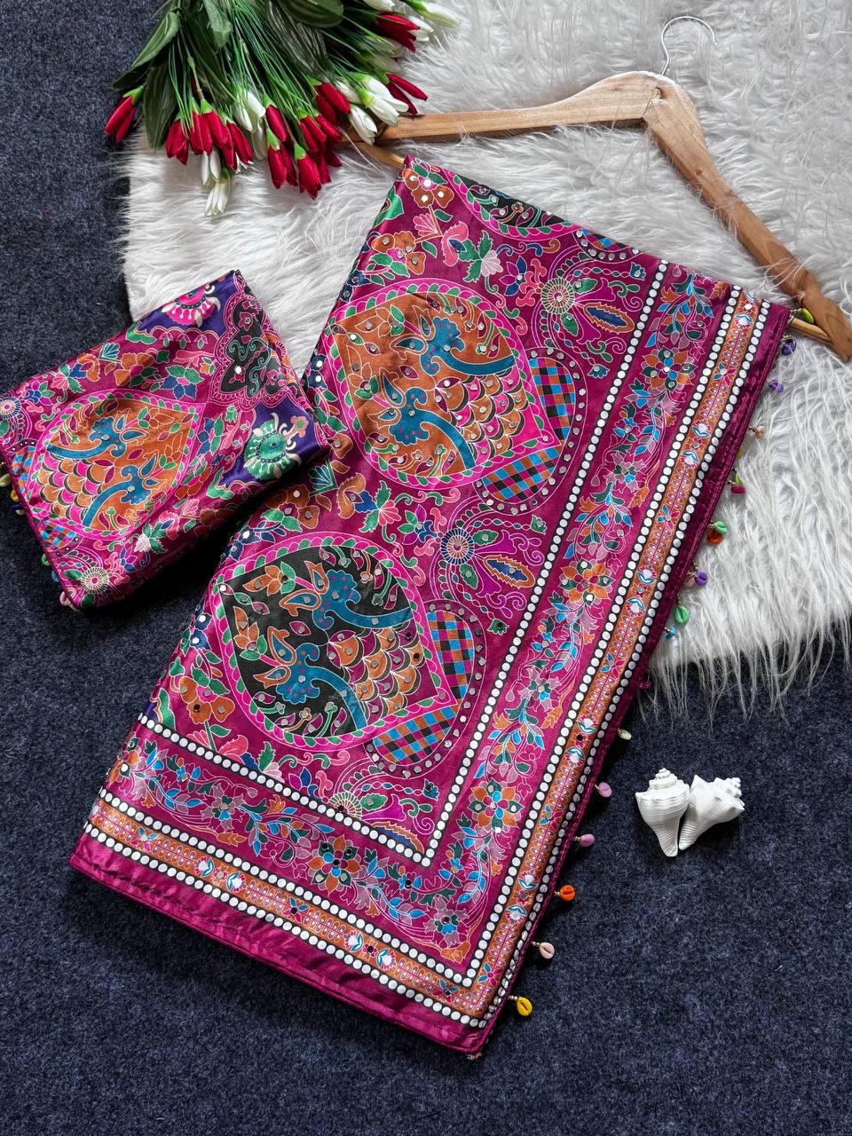 Women’s Modal Ultra Silk Crepe Saree with Real Mirror Work & Printed Blouse