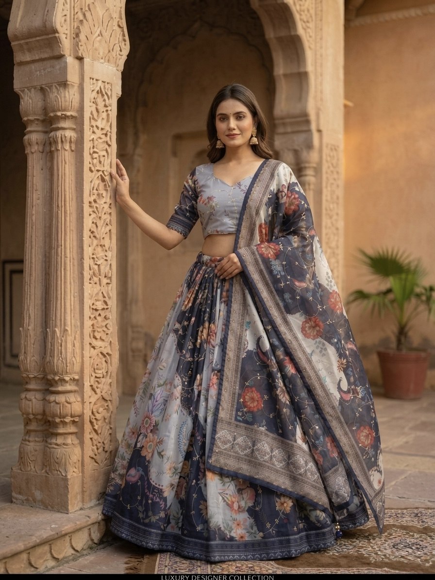 Luxury Tabby Silk Lehenga with Rich Digital Print
