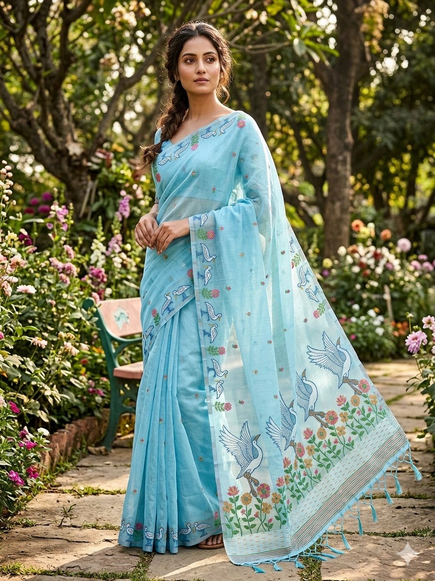 Premium Linen Slub Saree with Rich Pallu and Zari Border