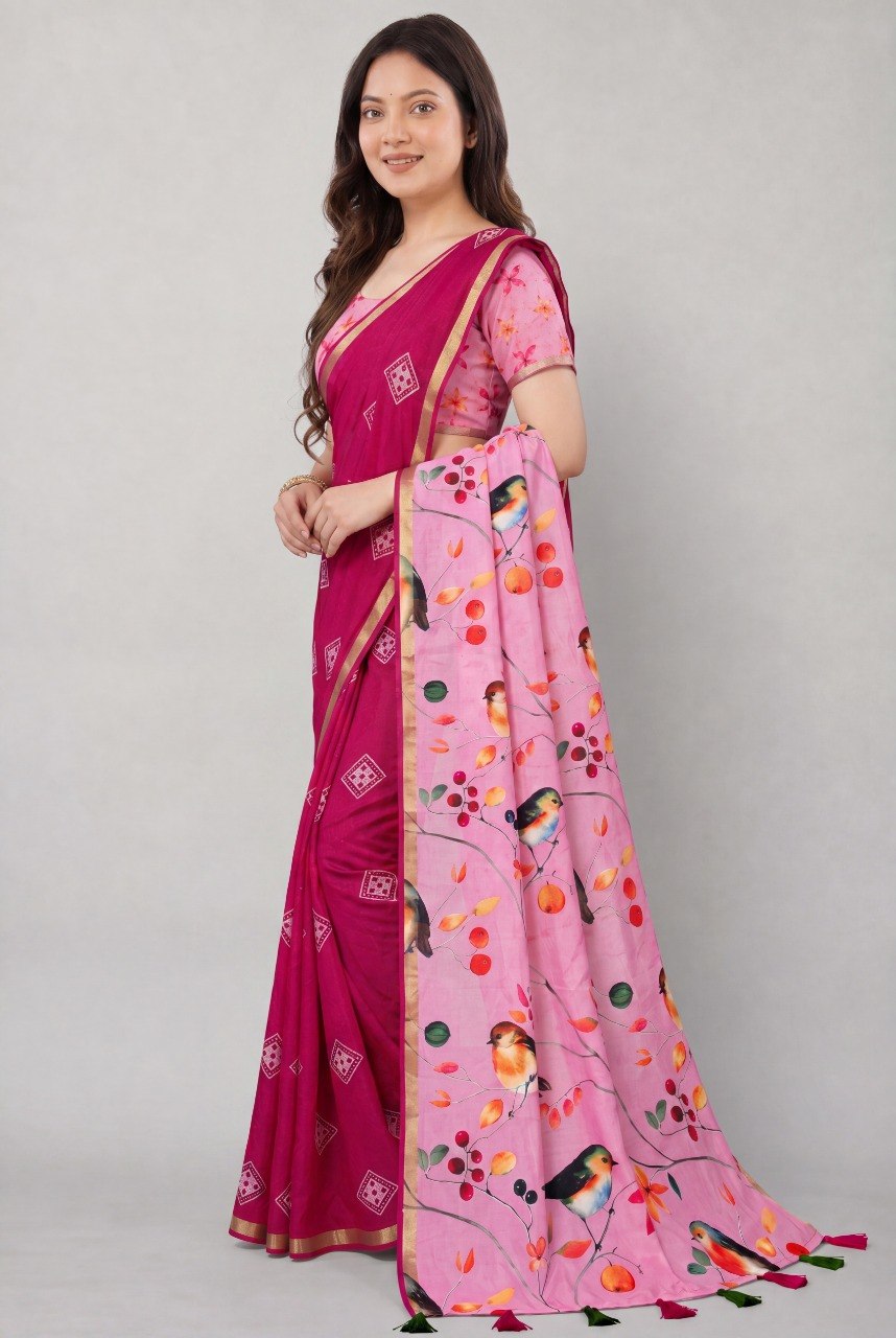 Premium Bandhej Print Cotton Silk Saree with Zari Border
