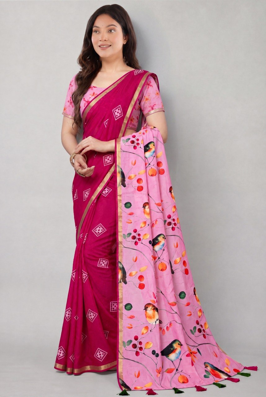 Premium Bandhej Print Cotton Silk Saree with Zari Border