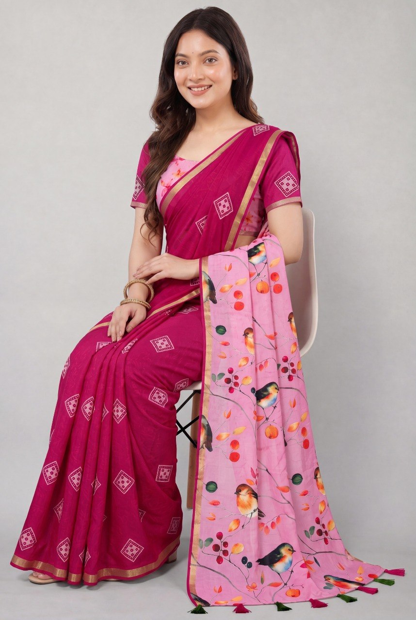 Premium Bandhej Print Cotton Silk Saree with Zari Border