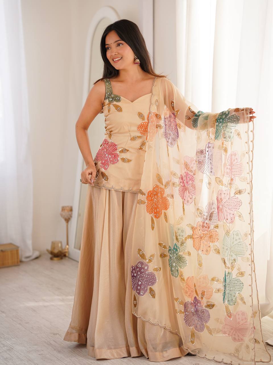 Women’s Tibby Organza Silk Kurti Palazzo Set with Brush Print & Sequence Work