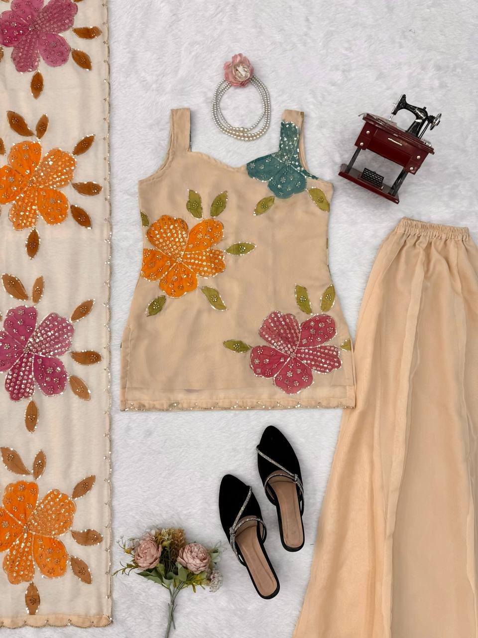 Women’s Tibby Organza Silk Kurti Palazzo Set with Brush Print & Sequence Work