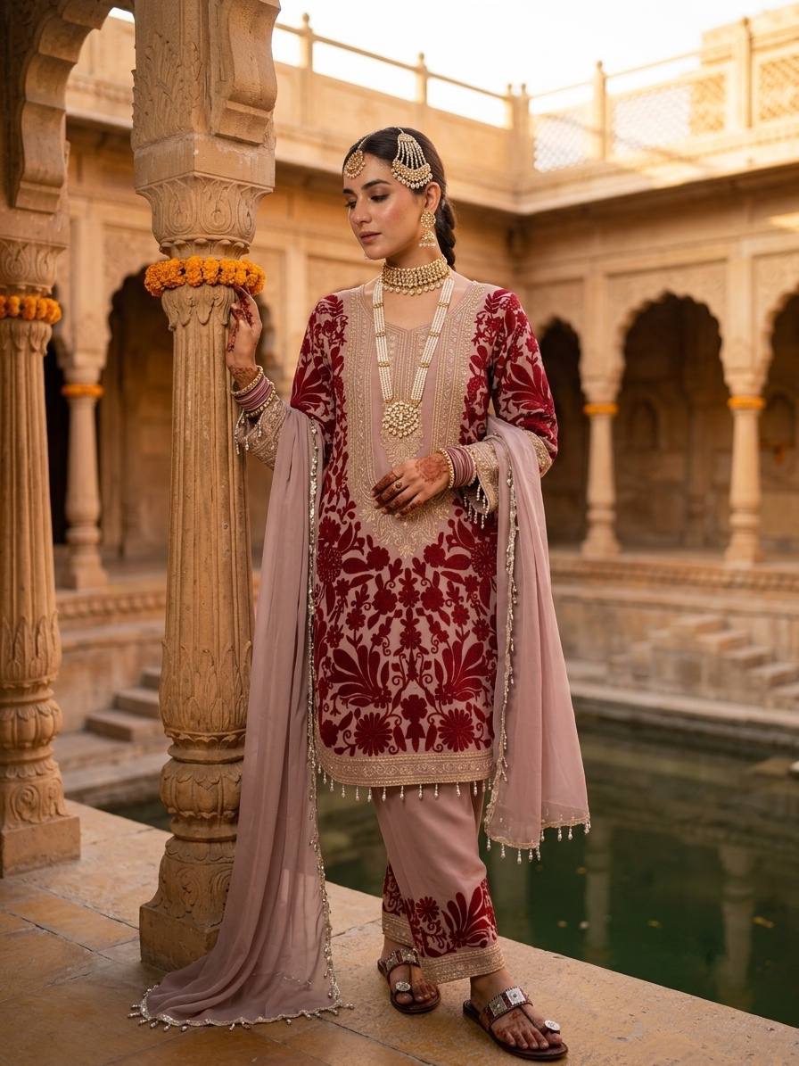 Women’s Heavy Faux Georgette Suit Set with Chain Stitch Sequence Embroidery