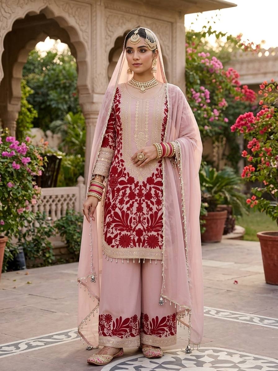 Women’s Heavy Faux Georgette Suit Set with Chain Stitch Sequence Embroidery