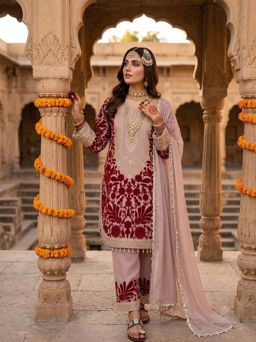Women’s Heavy Faux Georgette Suit Set with Chain Stitch Sequence Embroidery