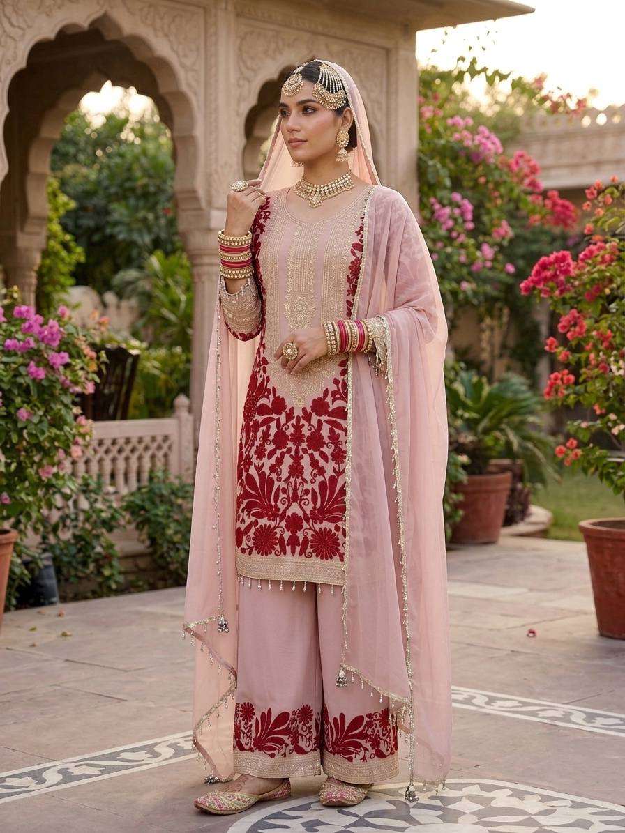 Women’s Heavy Faux Georgette Suit Set with Chain Stitch Sequence Embroidery