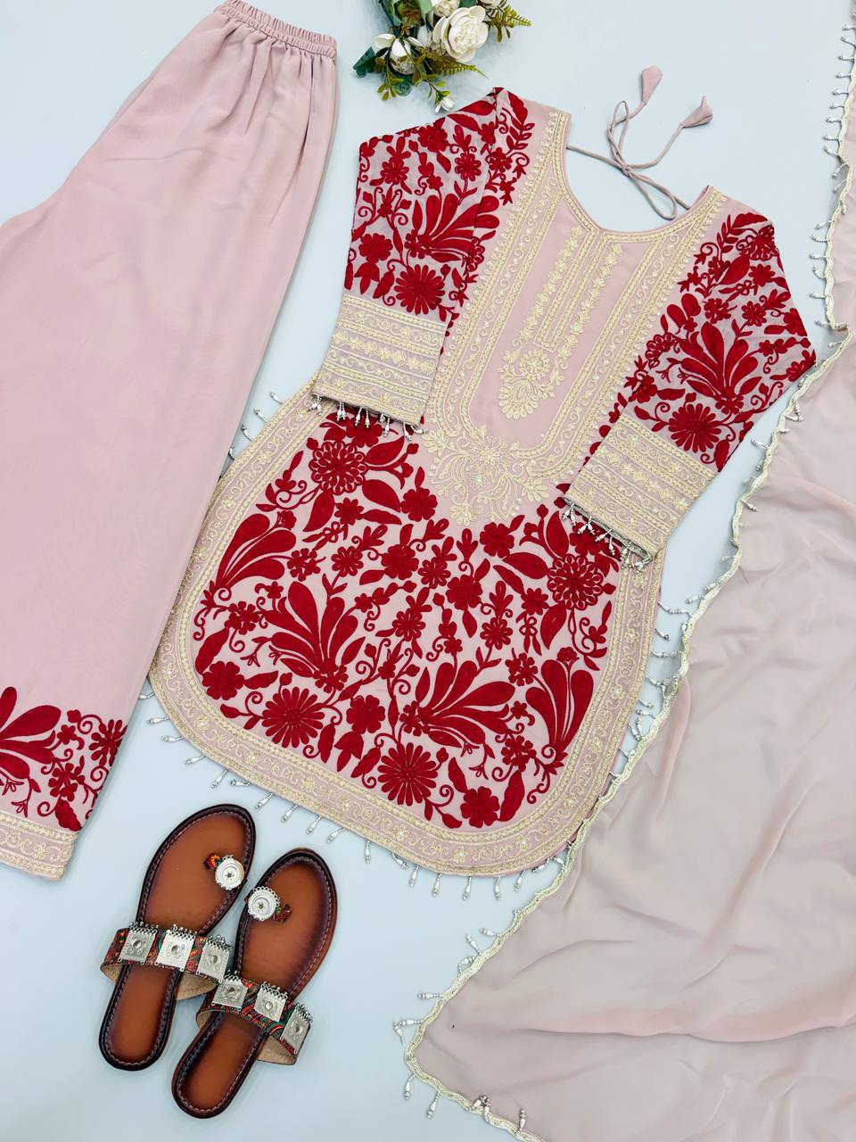 Women’s Heavy Faux Georgette Suit Set with Chain Stitch Sequence Embroidery
