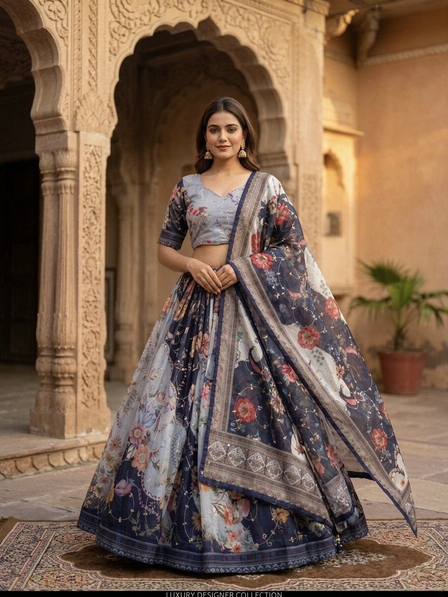 Luxury Tabby Silk Lehenga with Rich Digital Print