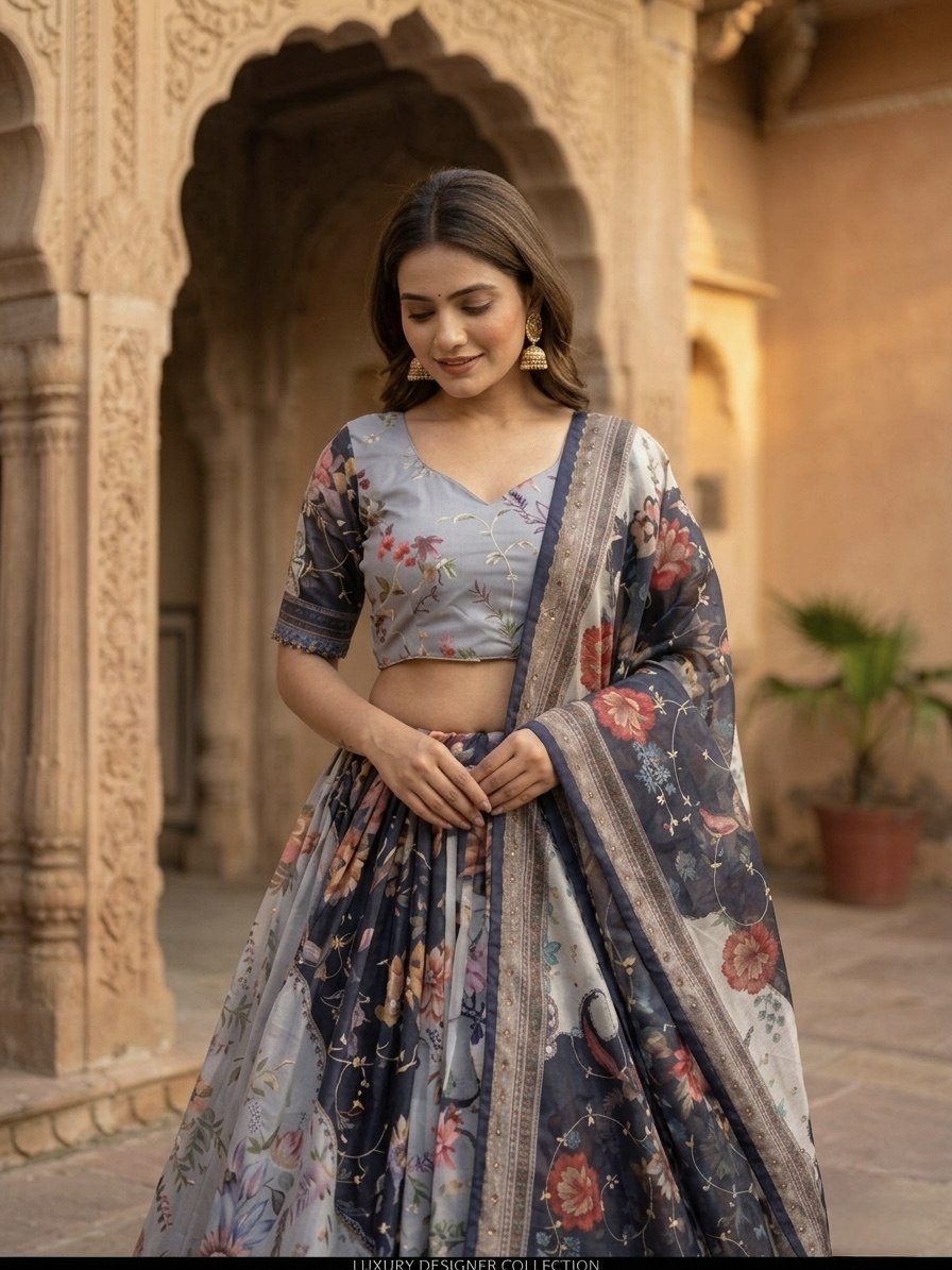 Luxury Tabby Silk Lehenga with Rich Digital Print