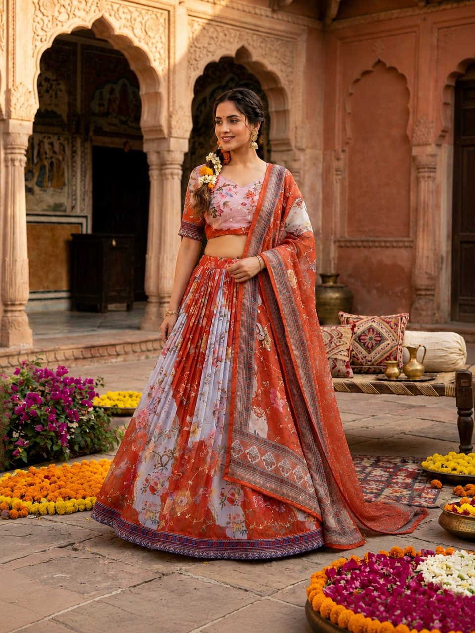 Premium Digital Print Tabby Silk Lehenga Set