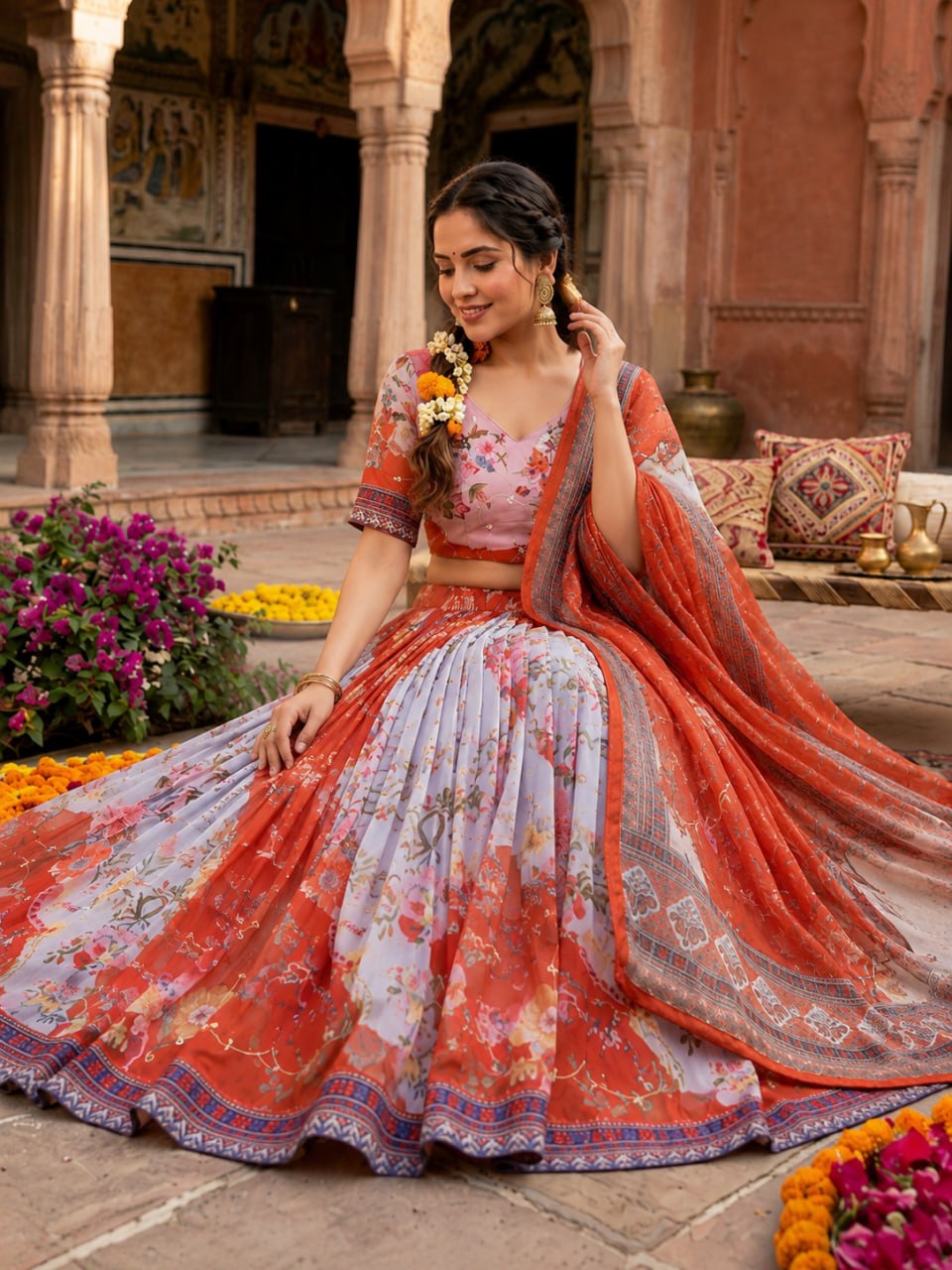 Premium Digital Print Tabby Silk Lehenga Set