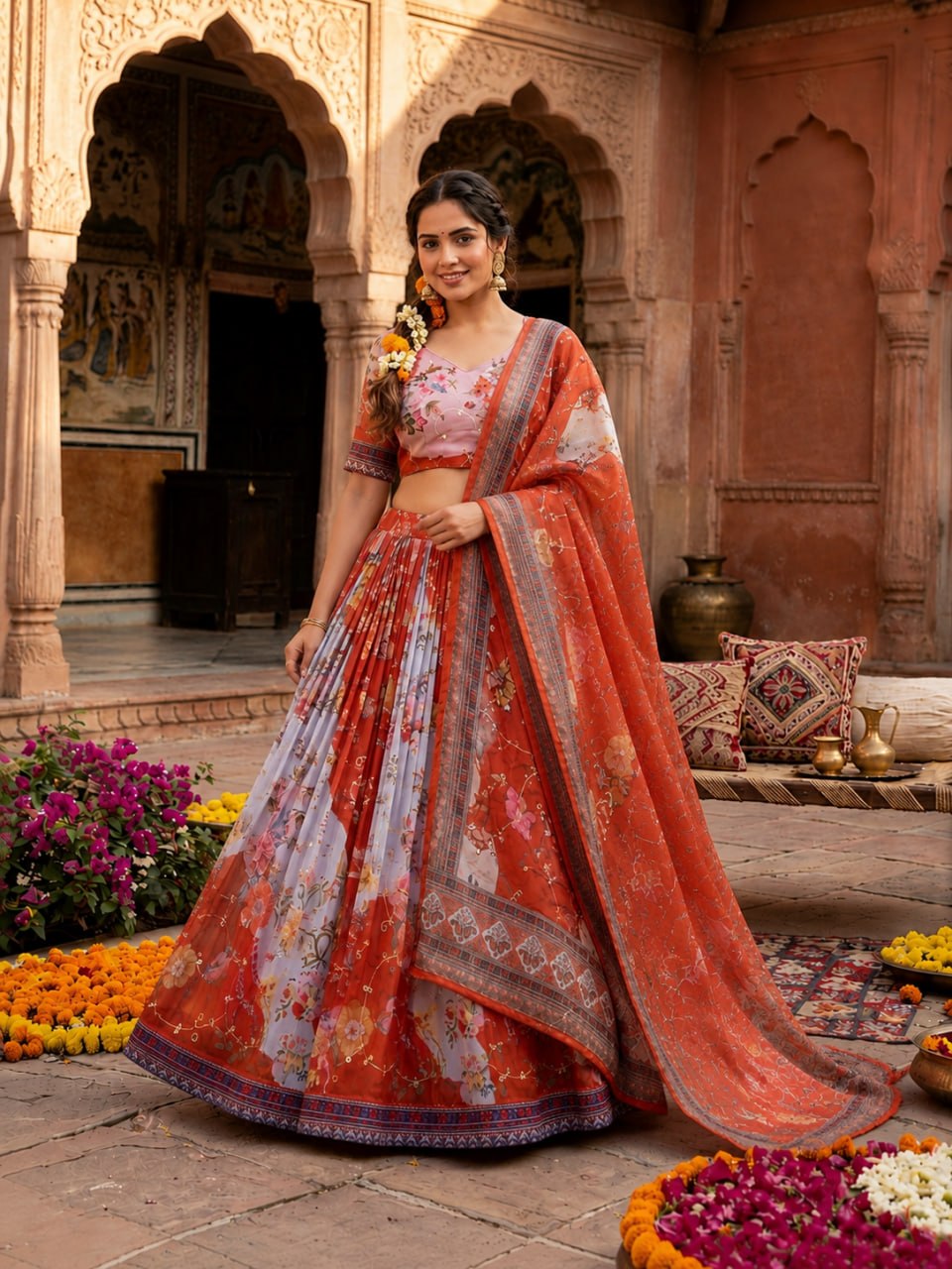 Premium Digital Print Tabby Silk Lehenga Set
