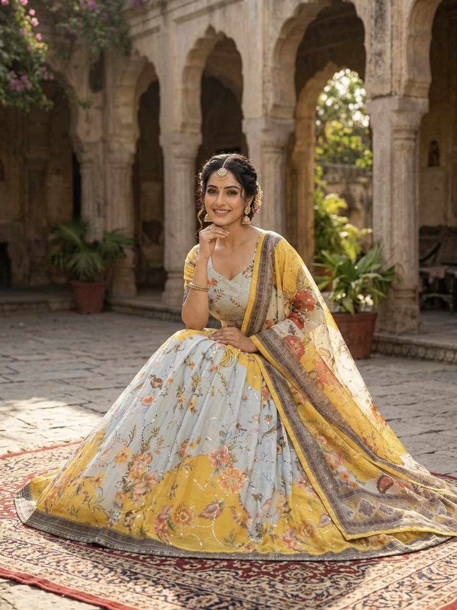 Women’s Tabby Silk Digital Print Lehenga Choli Set with Embroidery Work