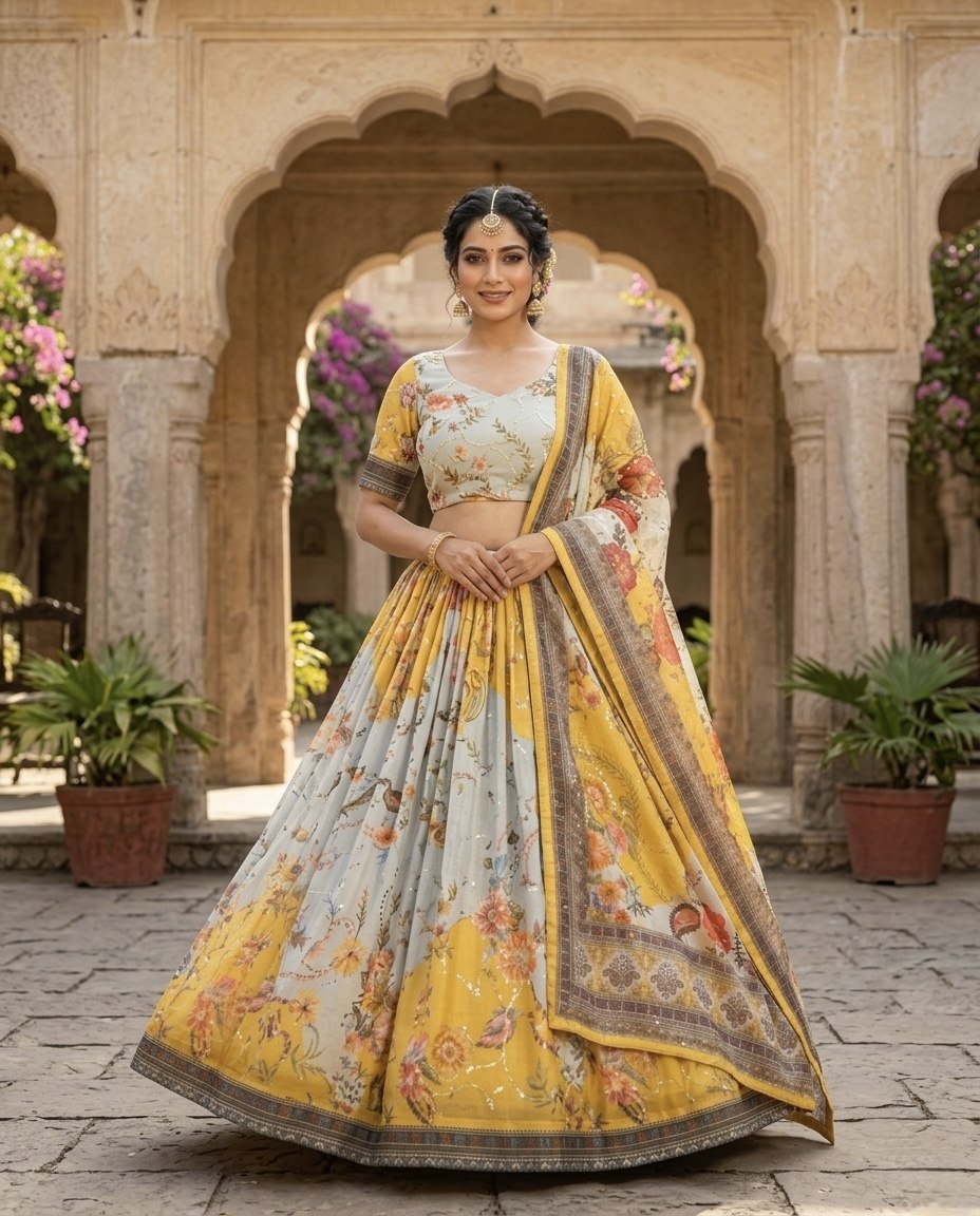 Women’s Tabby Silk Digital Print Lehenga Choli Set with Embroidery Work
