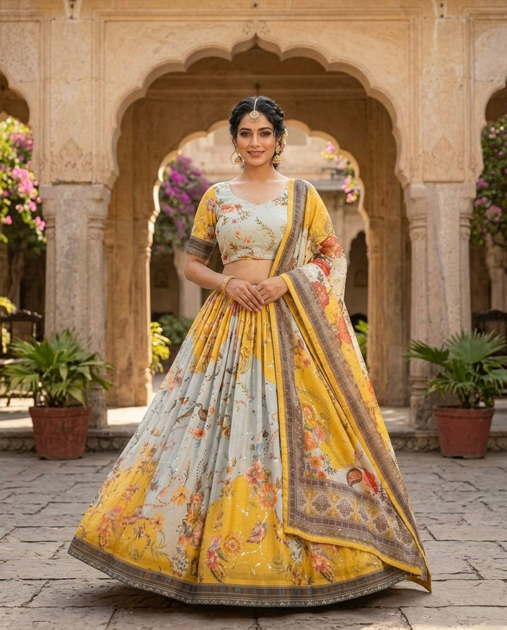Women’s Tabby Silk Digital Print Lehenga Choli Set with Embroidery Work