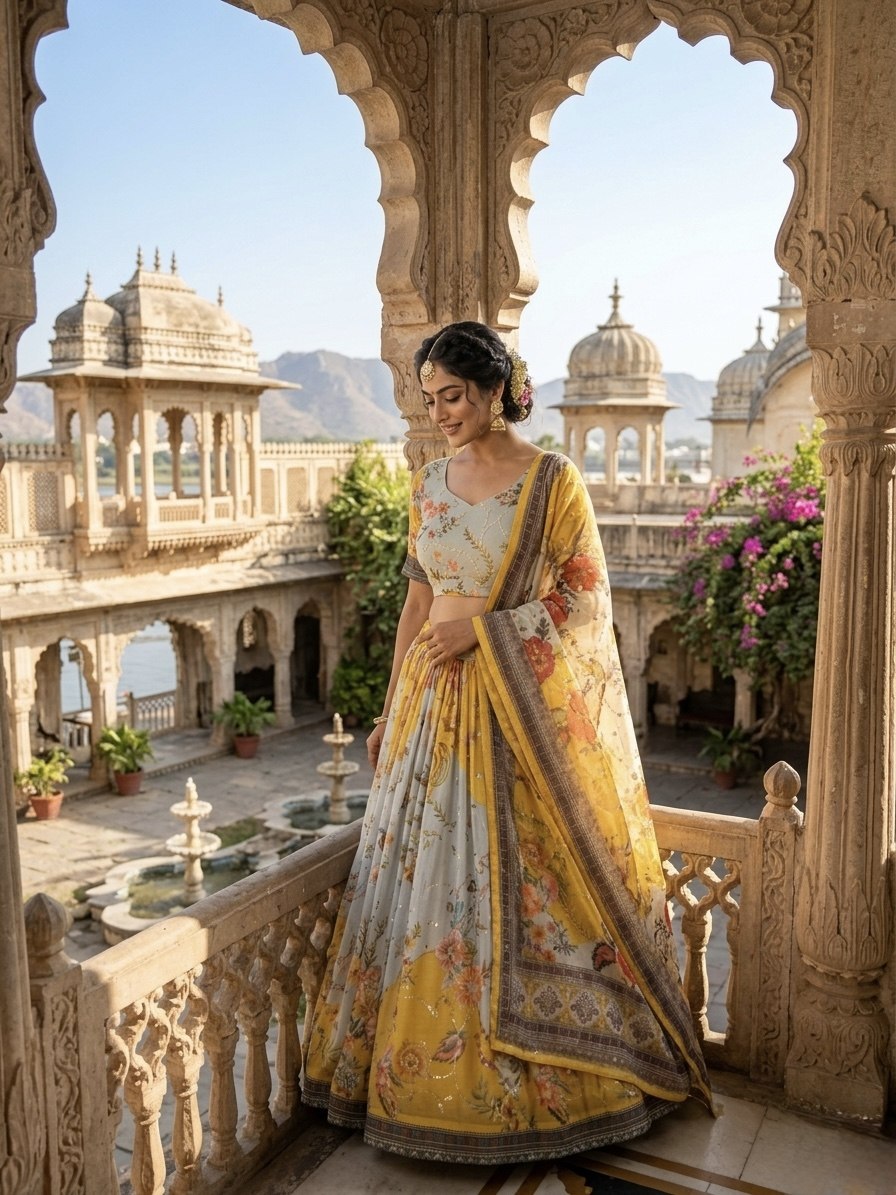 Women’s Tabby Silk Digital Print Lehenga Choli Set with Embroidery Work