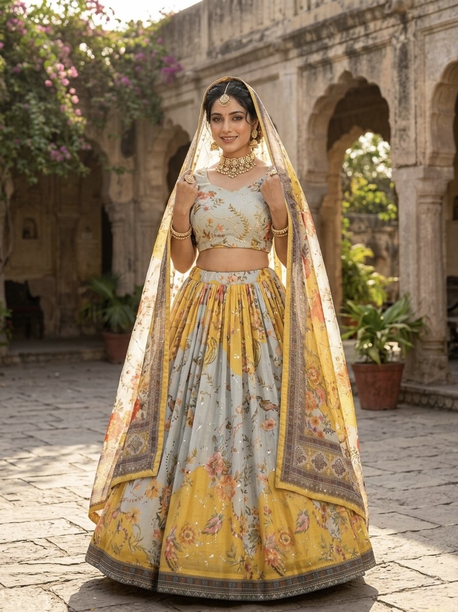 Women’s Tabby Silk Digital Print Lehenga Choli Set with Embroidery Work