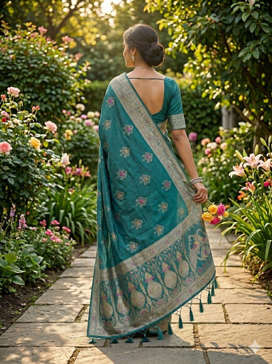 Women’s Dola Soft Silk Saree with Zari, Cut Dana, Mirror Work & Heavy Tassels