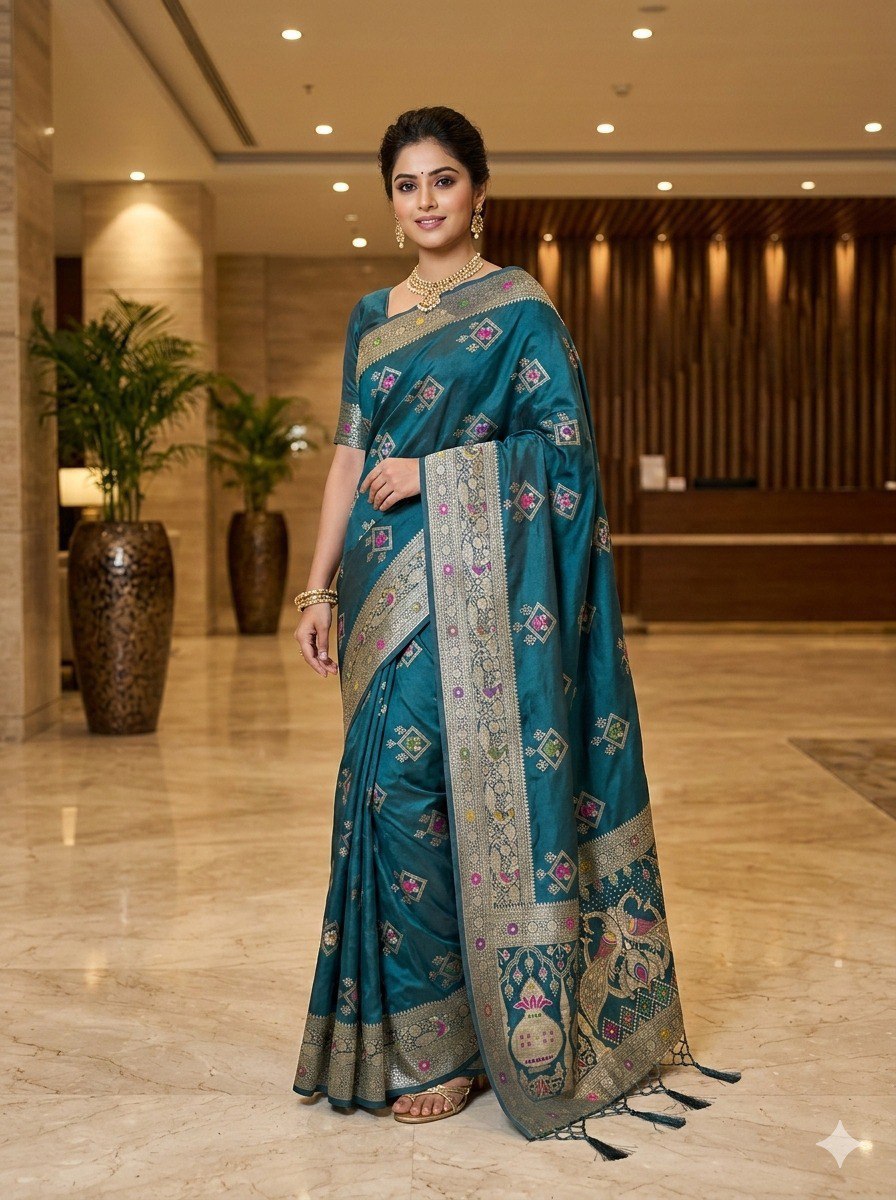 Women’s Dola Soft Silk Saree with Zari, Cut Dana, Mirror Work & Heavy Tassels