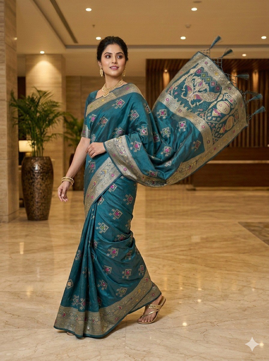Women’s Dola Soft Silk Saree with Zari, Cut Dana, Mirror Work & Heavy Tassels