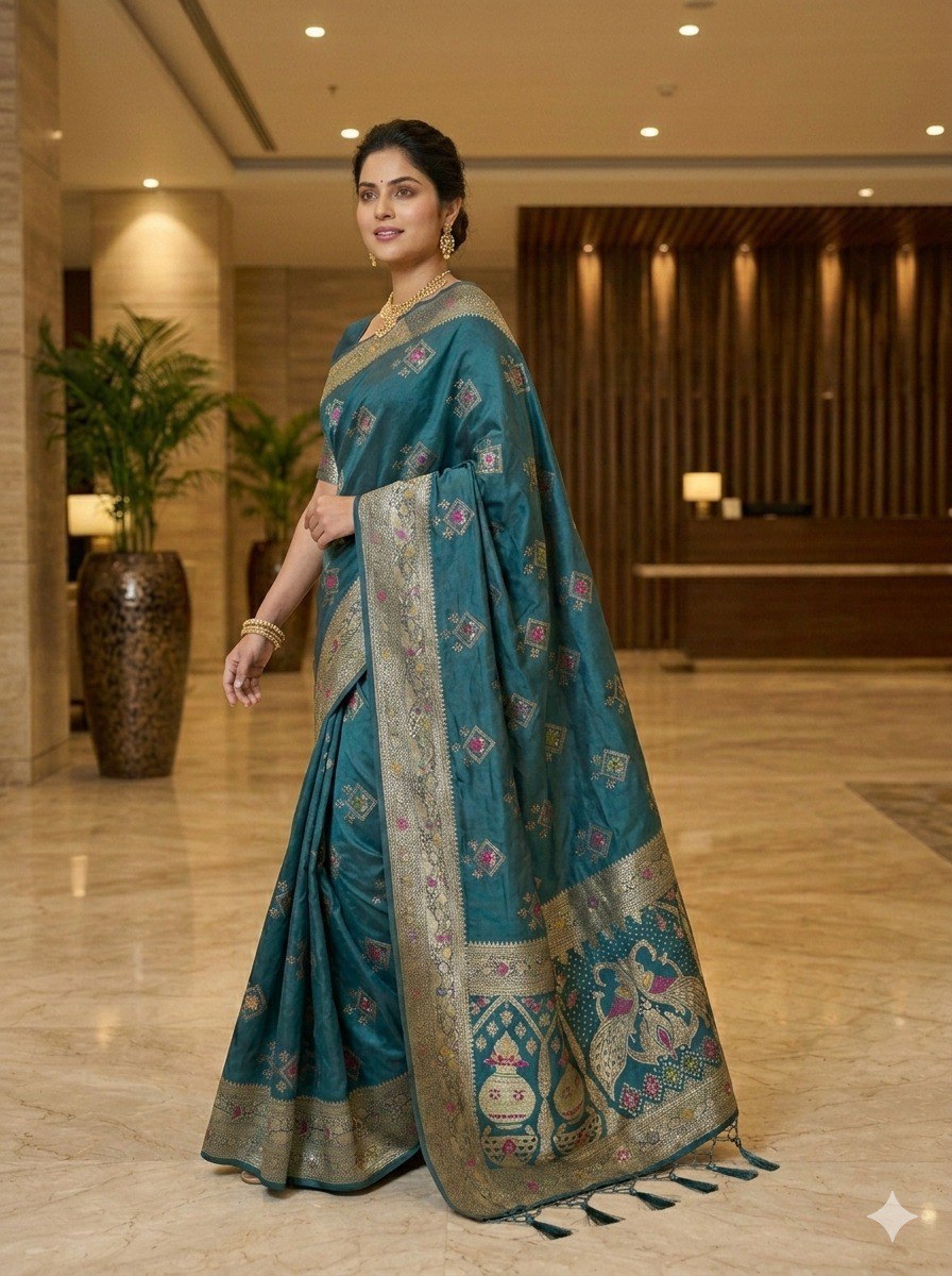 Women’s Dola Soft Silk Saree with Zari, Cut Dana, Mirror Work & Heavy Tassels