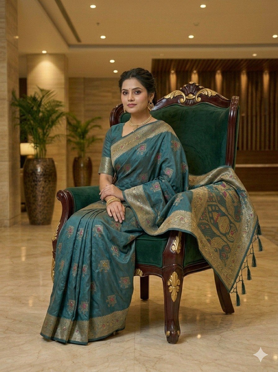Women’s Dola Soft Silk Saree with Zari, Cut Dana, Mirror Work & Heavy Tassels