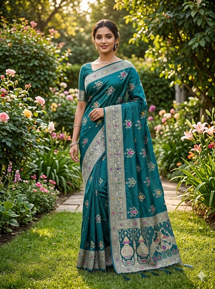 Women’s Dola Soft Silk Saree with Zari, Cut Dana, Mirror Work & Heavy Tassels