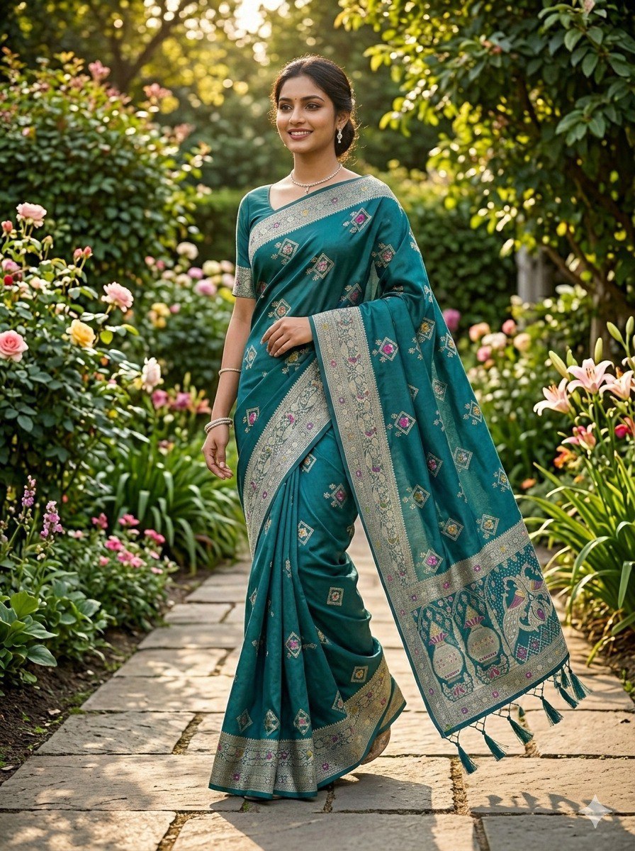 Women’s Dola Soft Silk Saree with Zari, Cut Dana, Mirror Work & Heavy Tassels