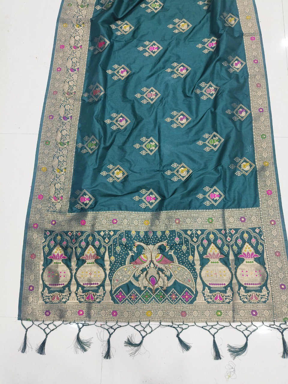 Women’s Dola Soft Silk Saree with Zari, Cut Dana, Mirror Work & Heavy Tassels