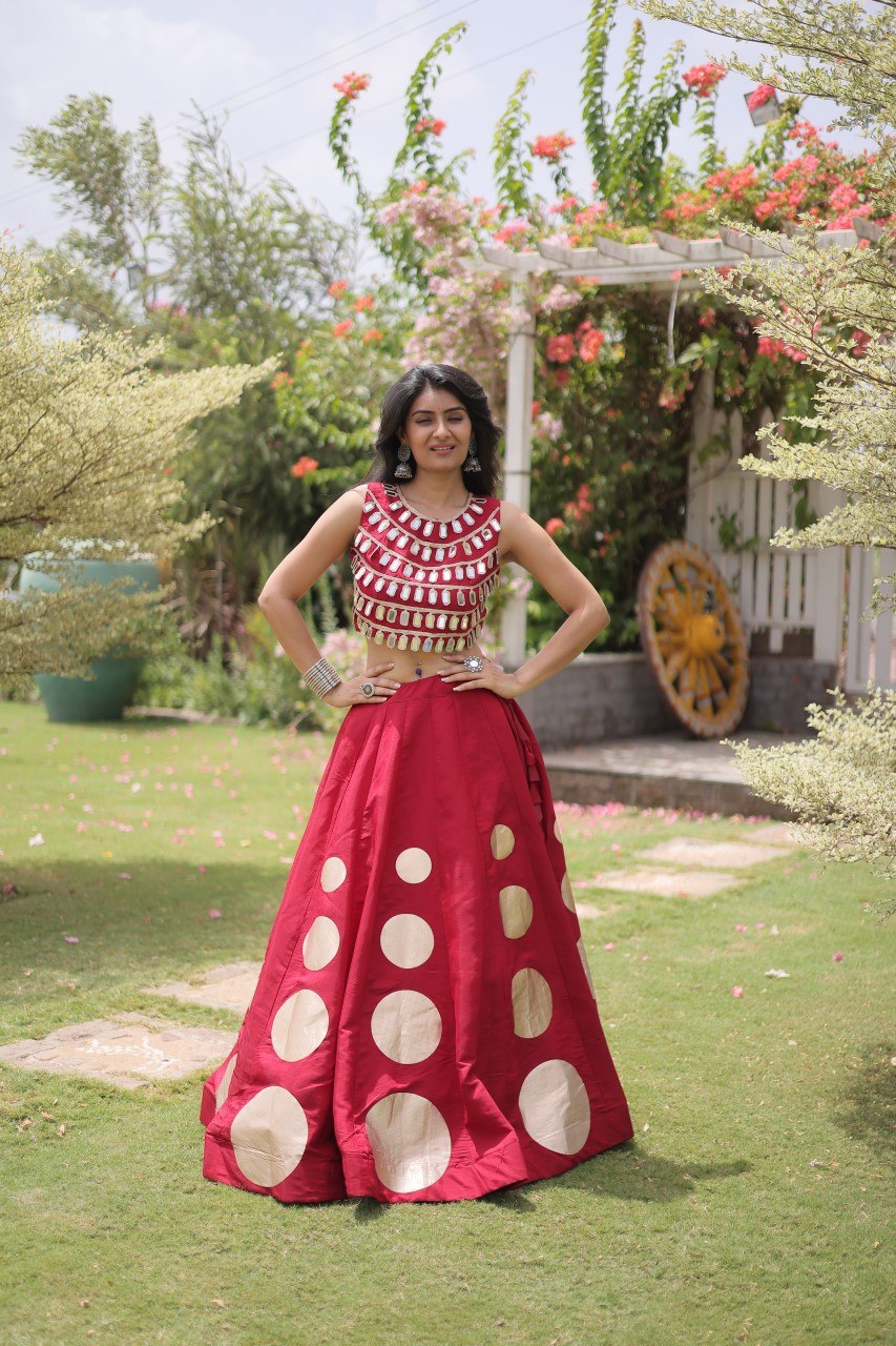 Women’s Navratri Roman Silk Lehenga Choli with Gota Patti & Mirror Lace Work