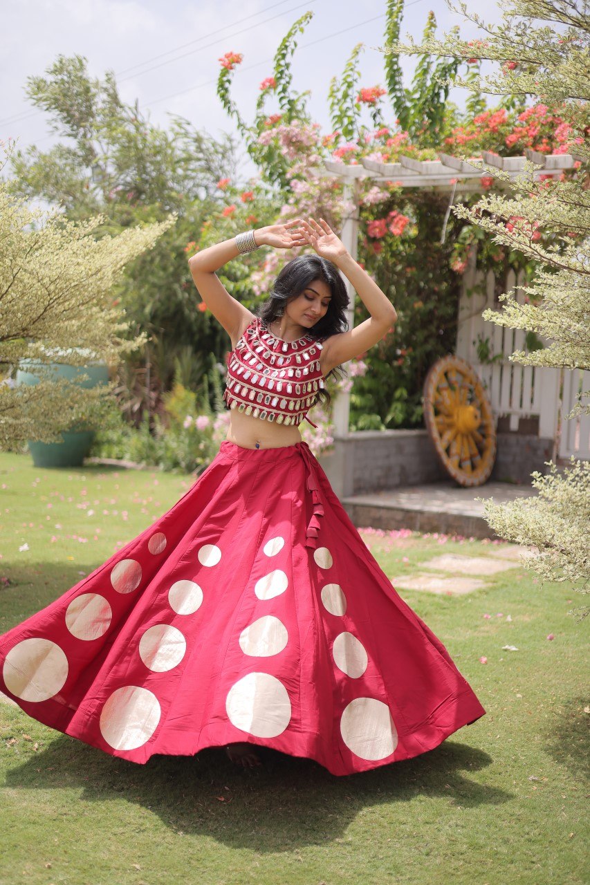 Women’s Navratri Roman Silk Lehenga Choli with Gota Patti & Mirror Lace Work