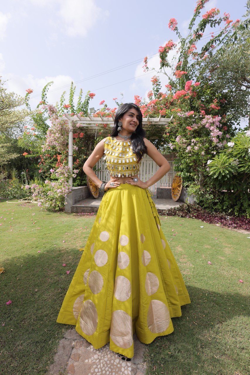 Women’s Navratri Roman Silk Lehenga Choli with Gota Patti & Mirror Lace Work