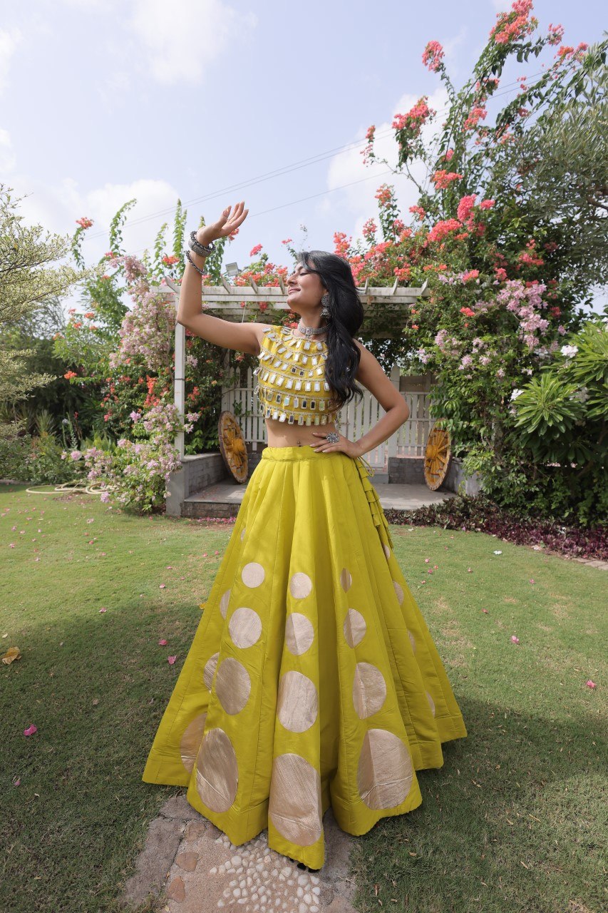 Women’s Navratri Roman Silk Lehenga Choli with Gota Patti & Mirror Lace Work